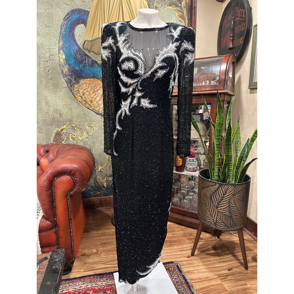 A.J. Bari Vintage 100% Silk Beaded Sequin Gown 80s 90s Asymmetric M - Picture 3 of 16